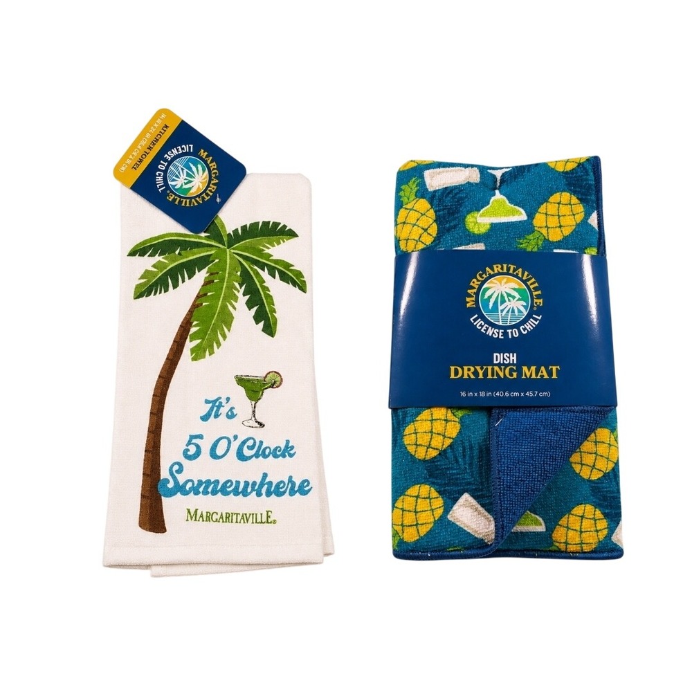 🍍NEW Margaritaville Cotton Kitchen Towel & Dish Mat Set Its 5'OClock Somewhere